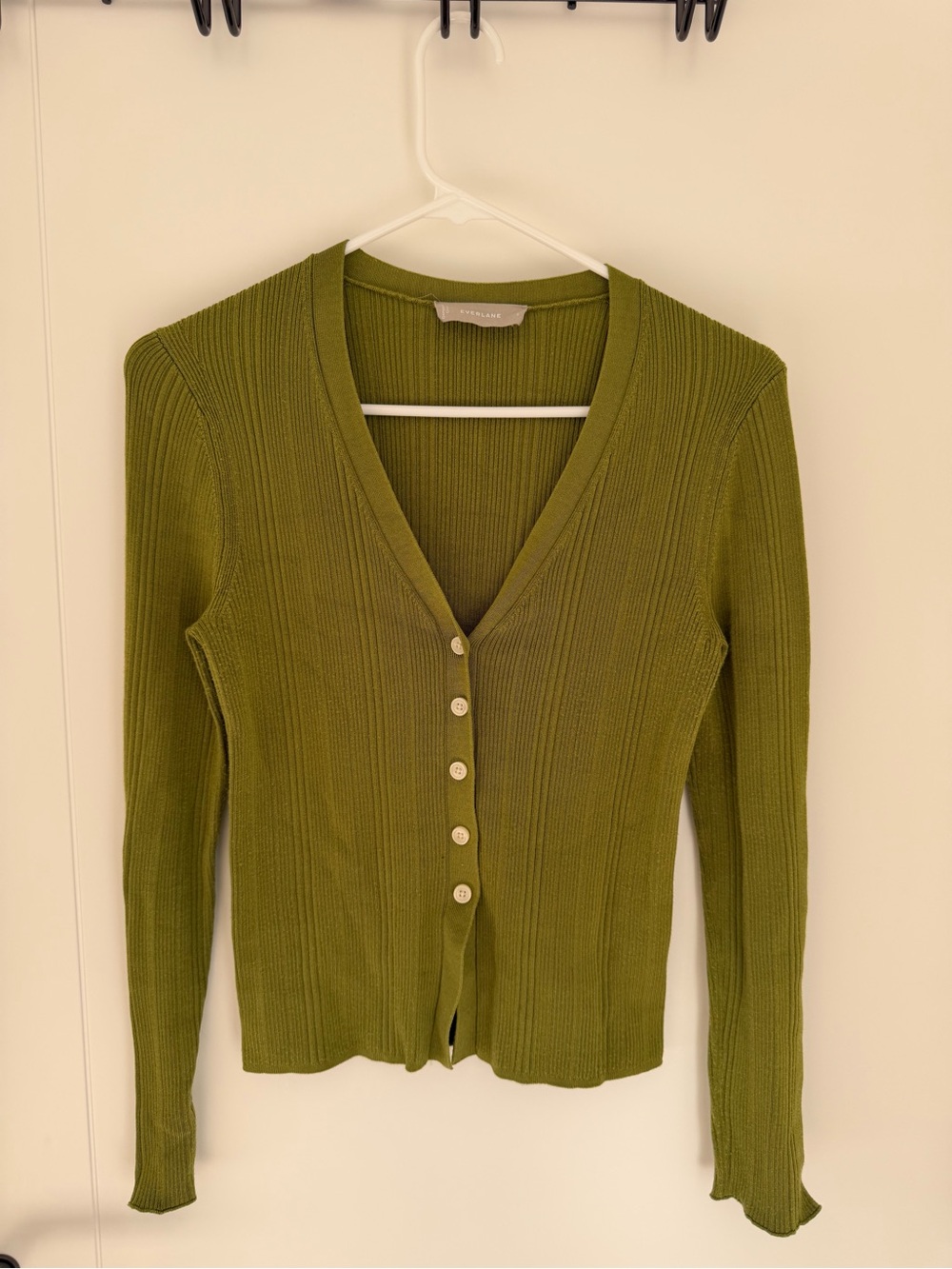 Everlane Ribbed V-Neck Cardigan - Olive Green, Button Front, Size S